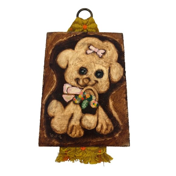 Whimsical Vintage Dog Painting Wall Plaque Signed Hand Painted 7" x 5" Big Eyes - Picture 1 of 6